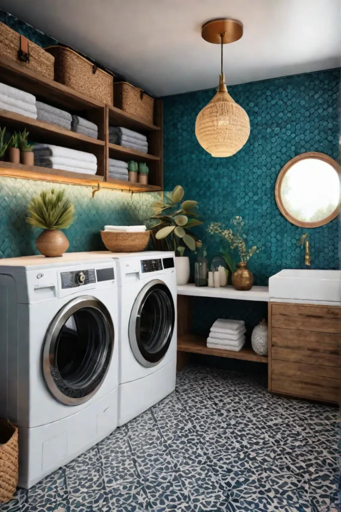 Bohemian laundry room with patterned tiles and vibrant colors