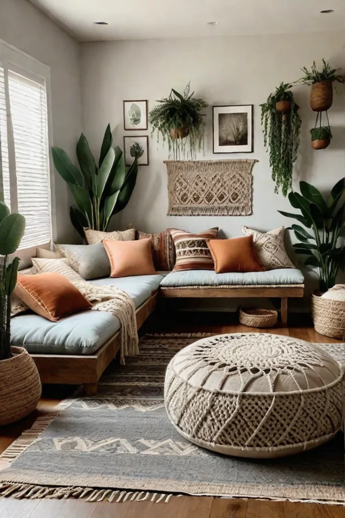 Bohemian living room with floor cushions and macrame wall hangings