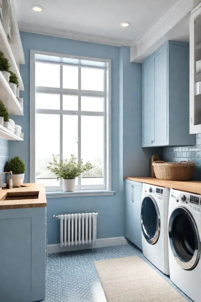 Bright and airy laundry room with white and blue accents