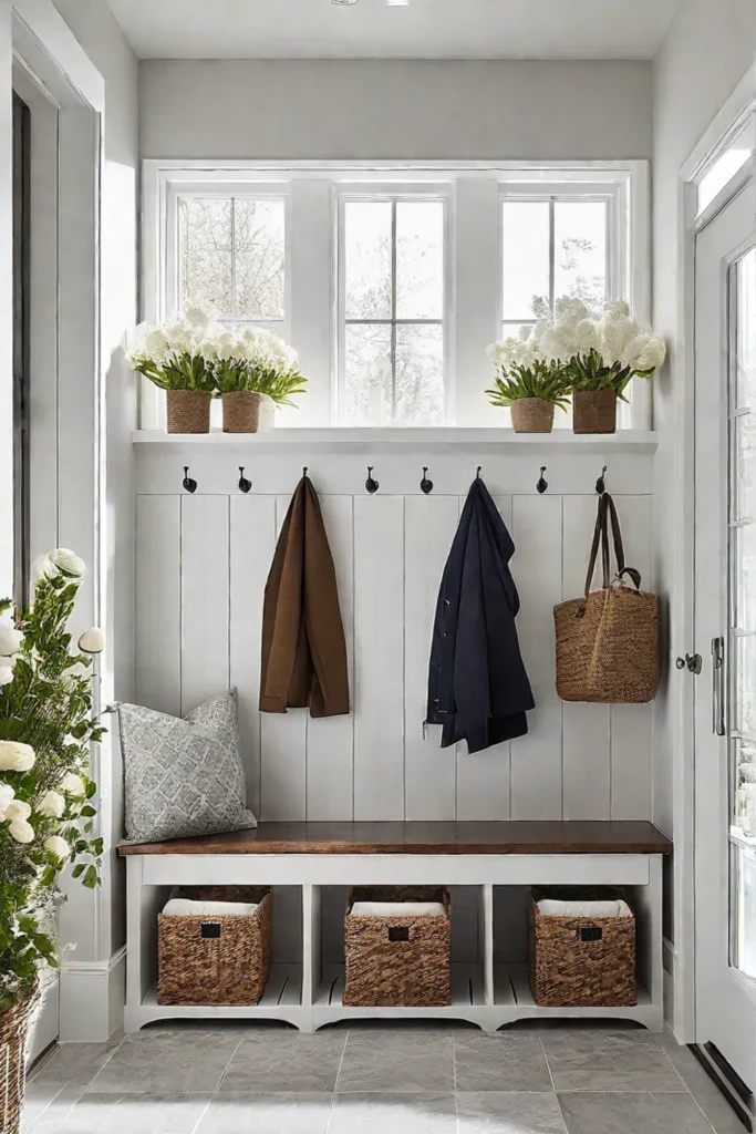 Bright and airy mudroom with functional furniture and tile floor