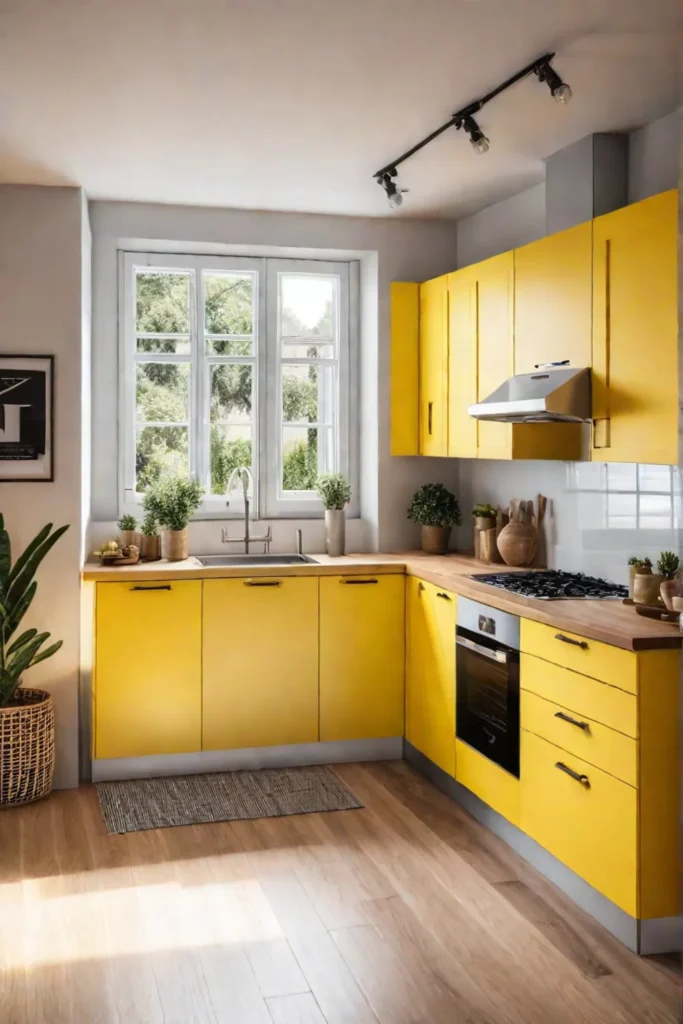 Bright and cheerful kitchen with yellow cabinets