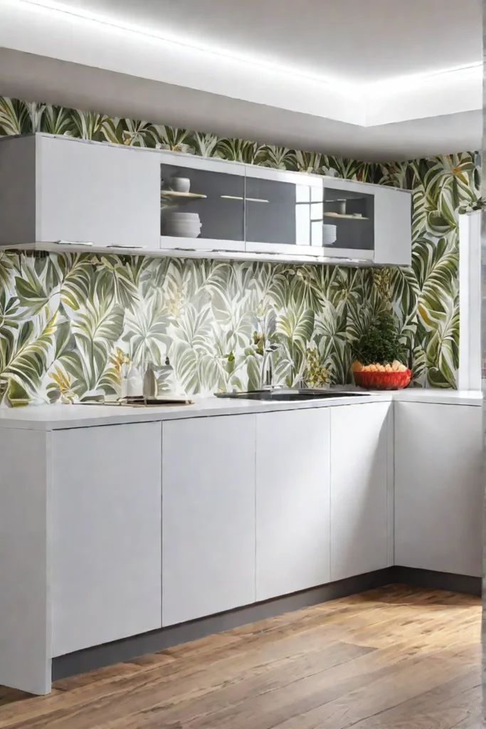 Bright and cheerful wallpaper in a compact kitchen