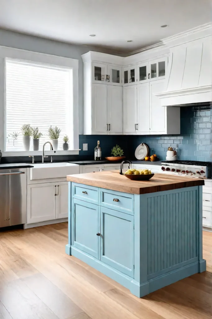 Bright kitchen blue island serene atmosphere