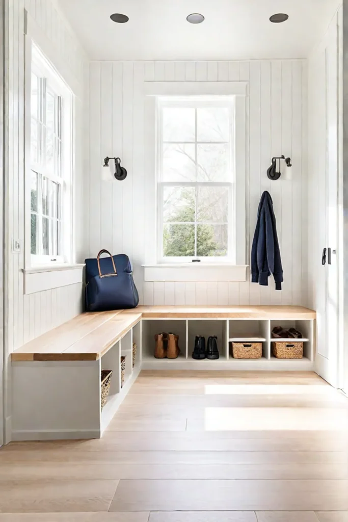 Bright mudroom with light woodlook vinyl floor