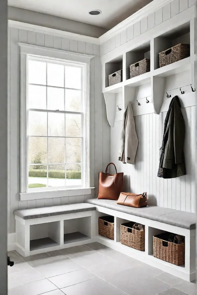 Bright mudroom with tile floor and ample storage