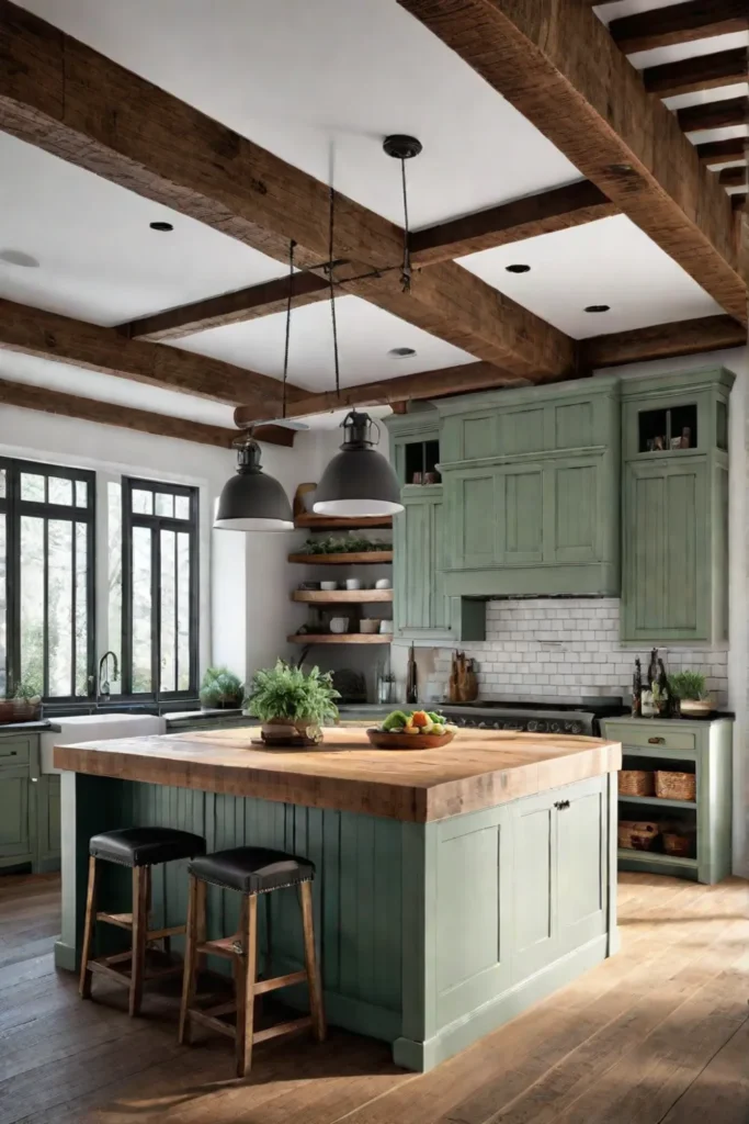 Calming kitchen green island natural wood