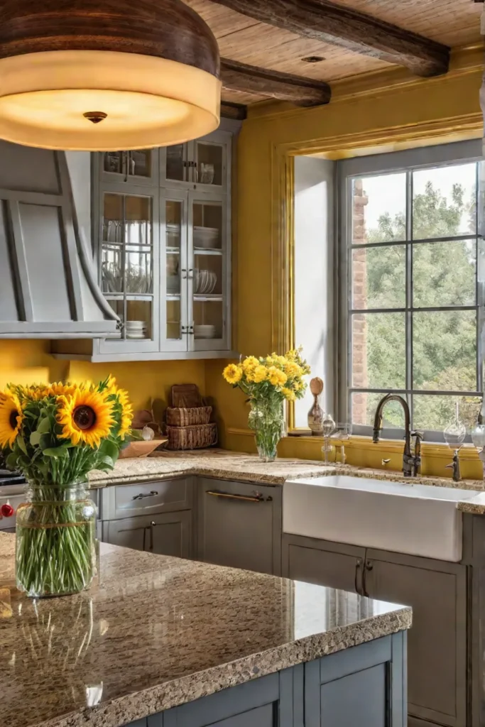 Cheerful kitchen colors exposed brick wooden beams