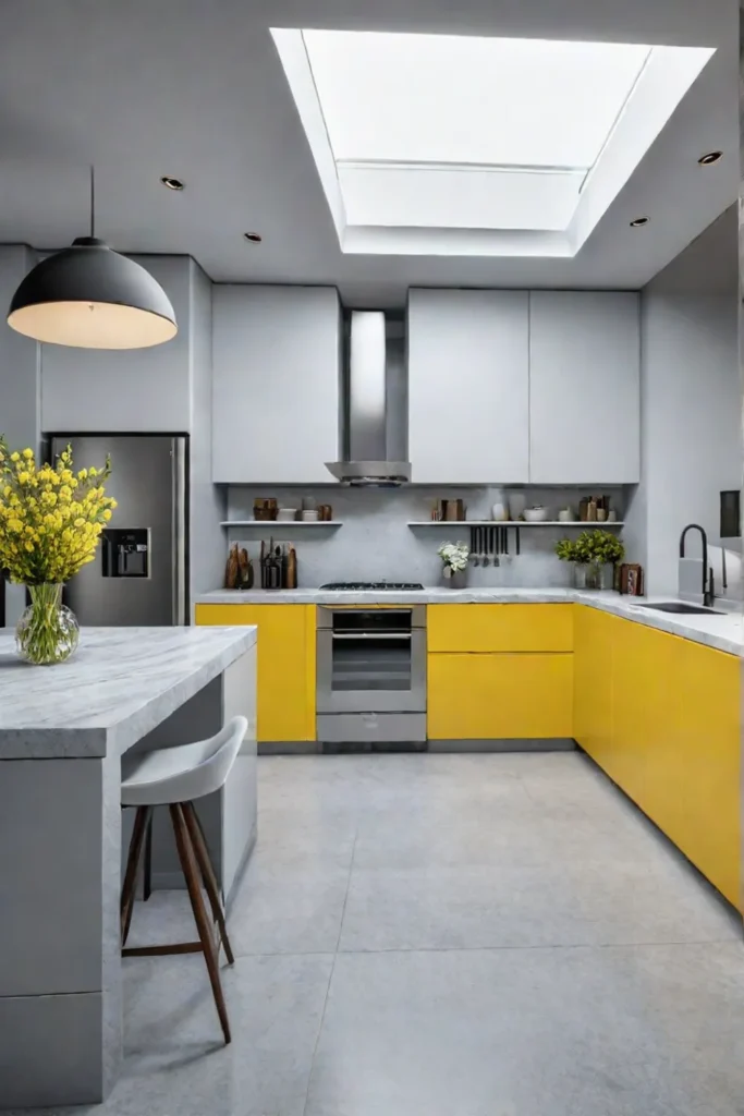 Cheerful small kitchen with light yellow island