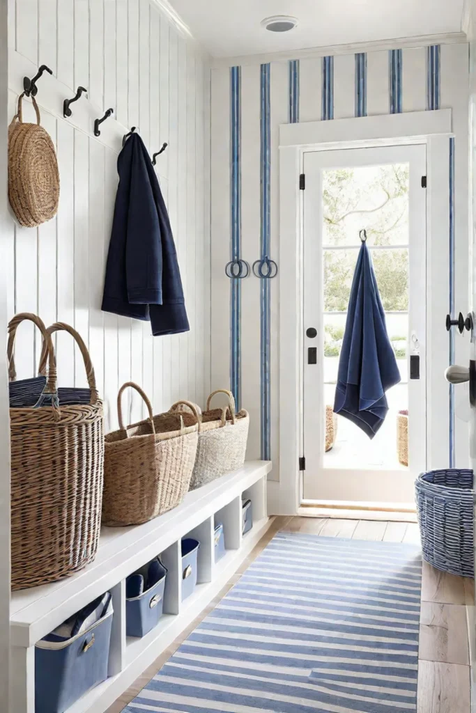 Coastal mudroom with whitewashed engineered wood flooring