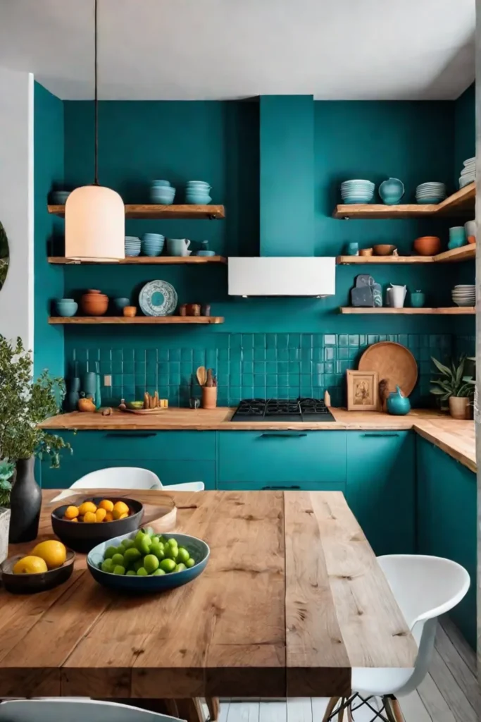 Colorful kitchen butcher block countertops open shelving