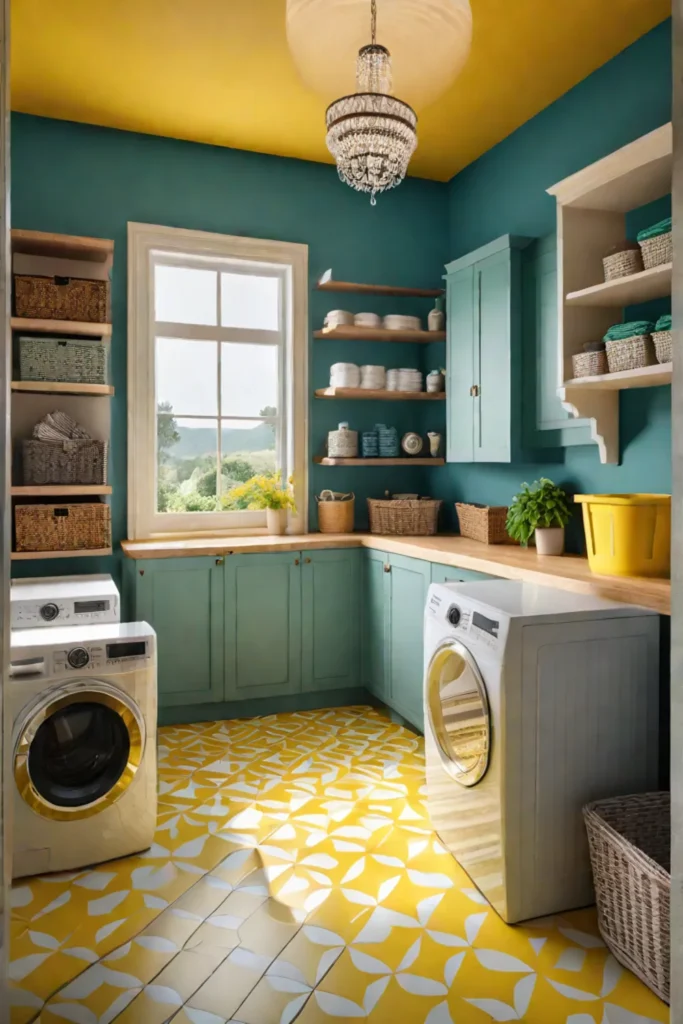 Colorful laundry room with yellow walls and patterned tiles