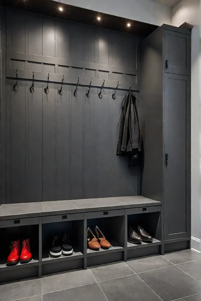 Contemporary mudroom with polished concrete flooring