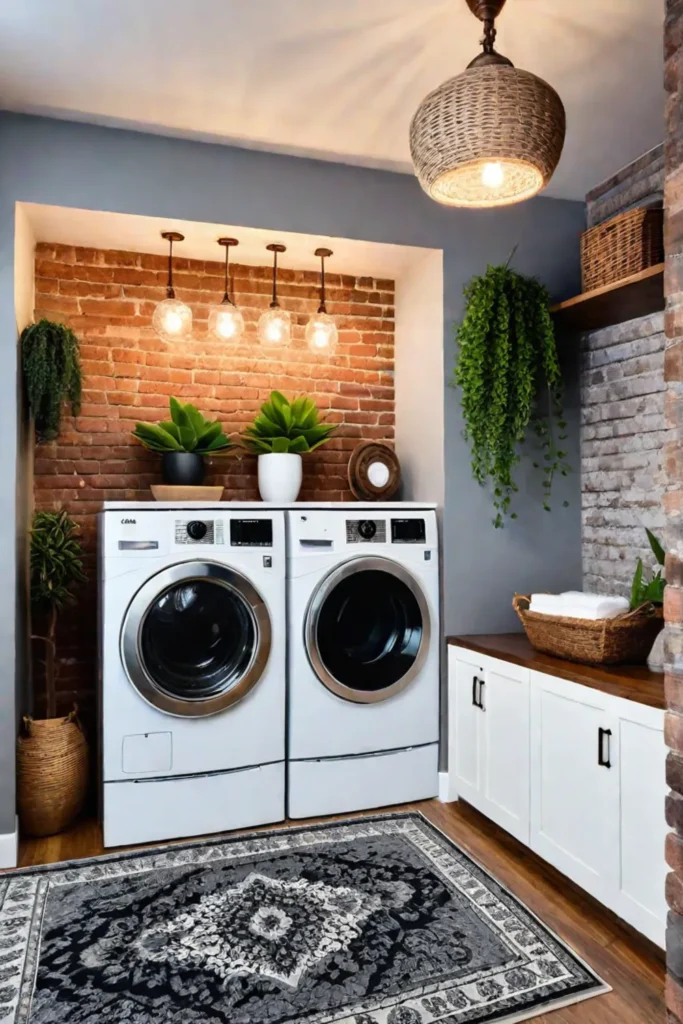 Cozy laundry room with exposed brick and vintage rug