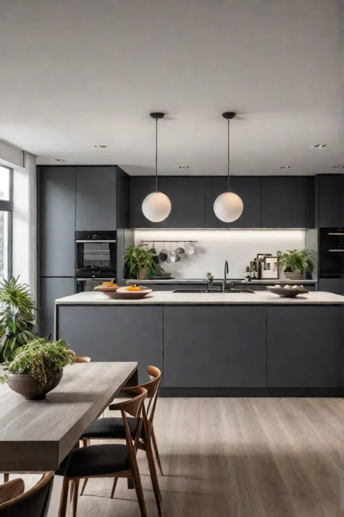 Dark gray cabinets warm lighting cozy atmosphere