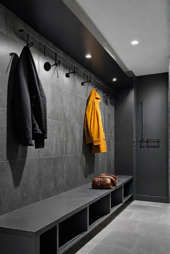 Dark gray polished concrete floor in a modern mudroom