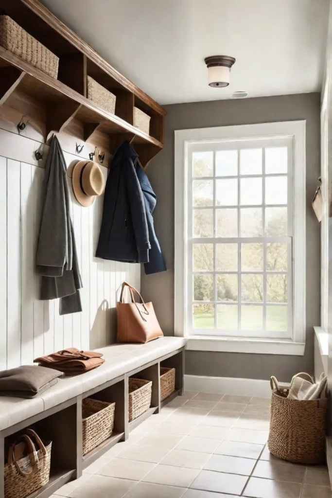 Durable and stylish mudroom design with earthy tones