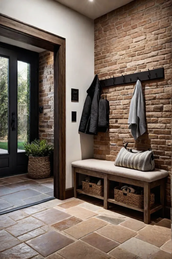 Earthy toned natural stone tiles in a rustic mudroom