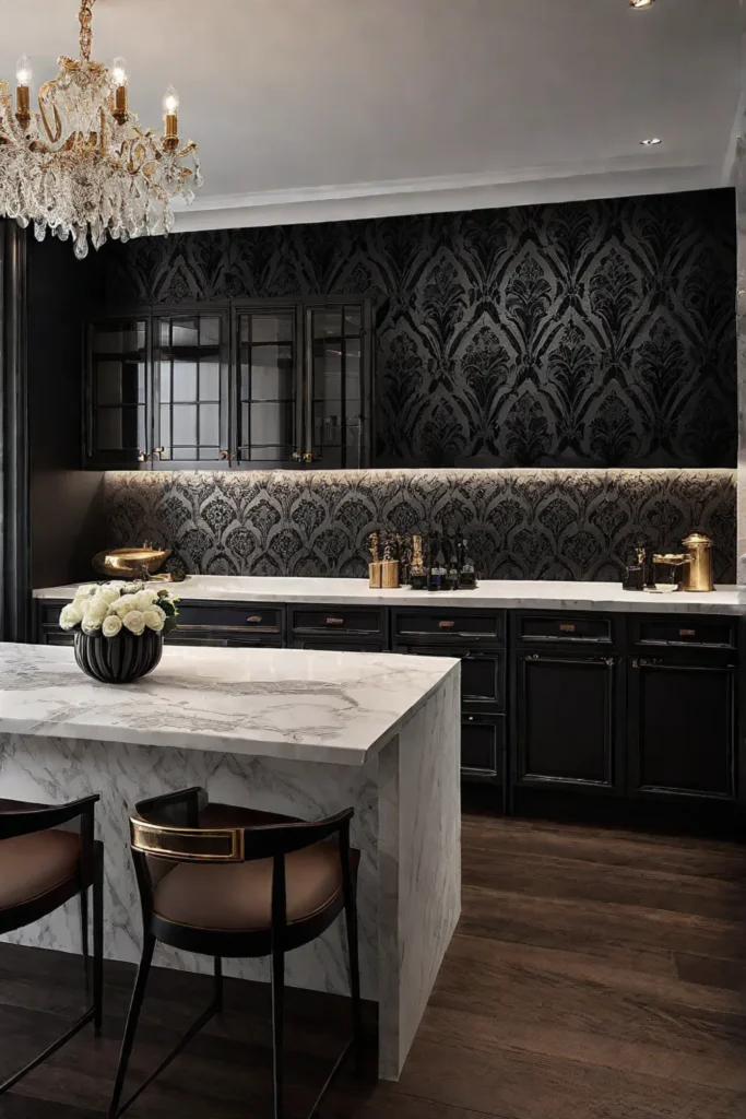 Elegant kitchen with damaskpatterned removable wallpaper