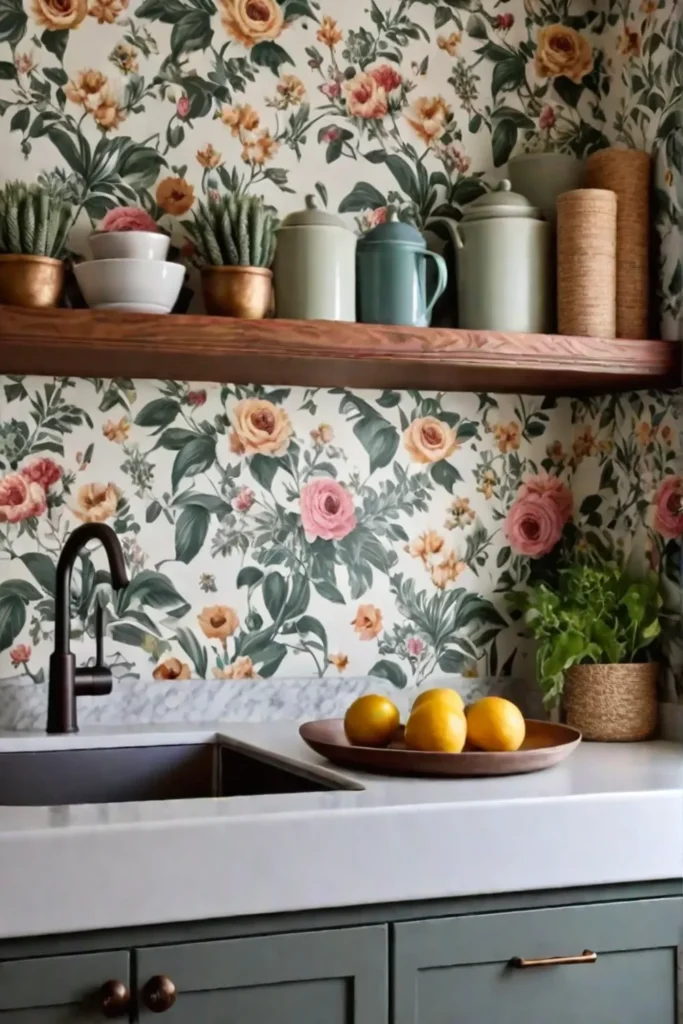 Farmhouse kitchen with floral removable wallpaper accent wall