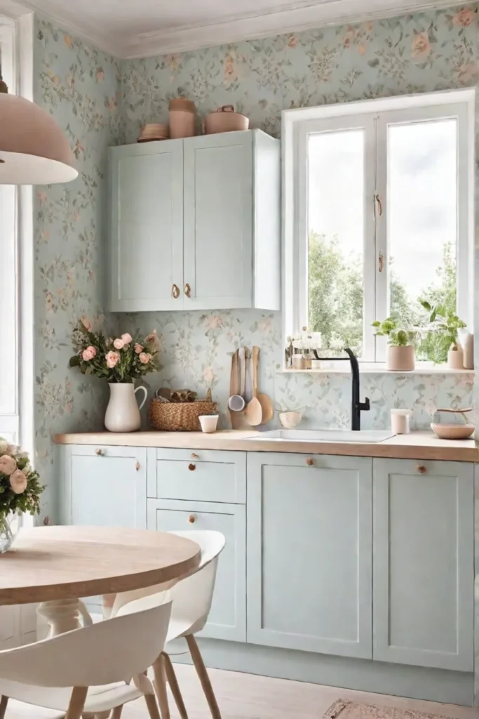 Floral wallpaper in pastel hues softens a small kitchen