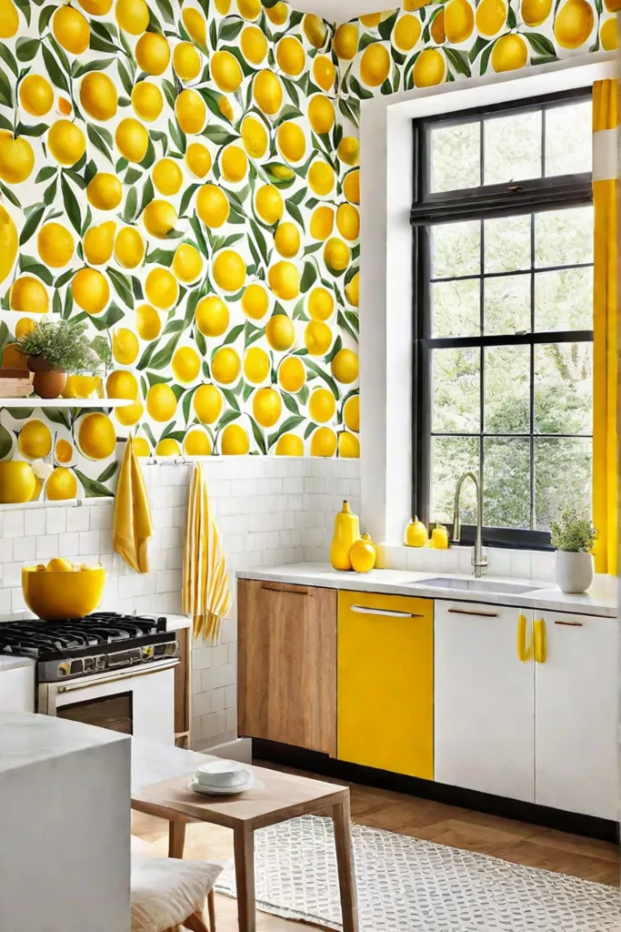 Galley kitchen with yellow citruspatterned removable wallpaper