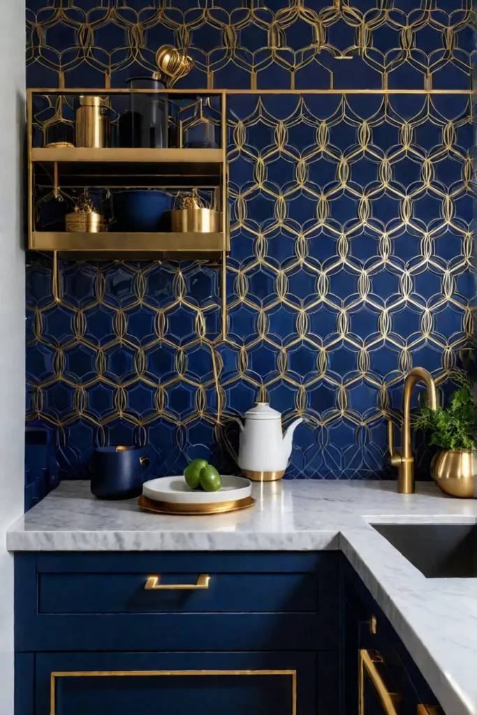 Geometric wallpaper in navy and gold creates a feature wall in a small kitchen