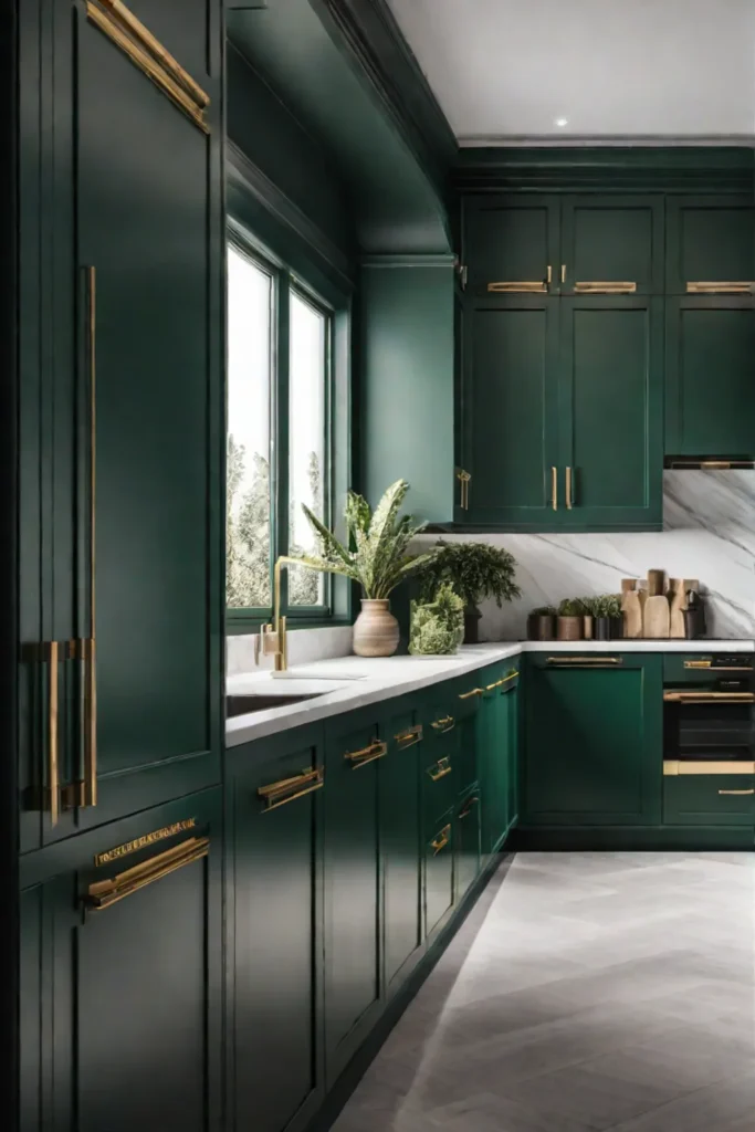 Green kitchen with brass hardware and natural light