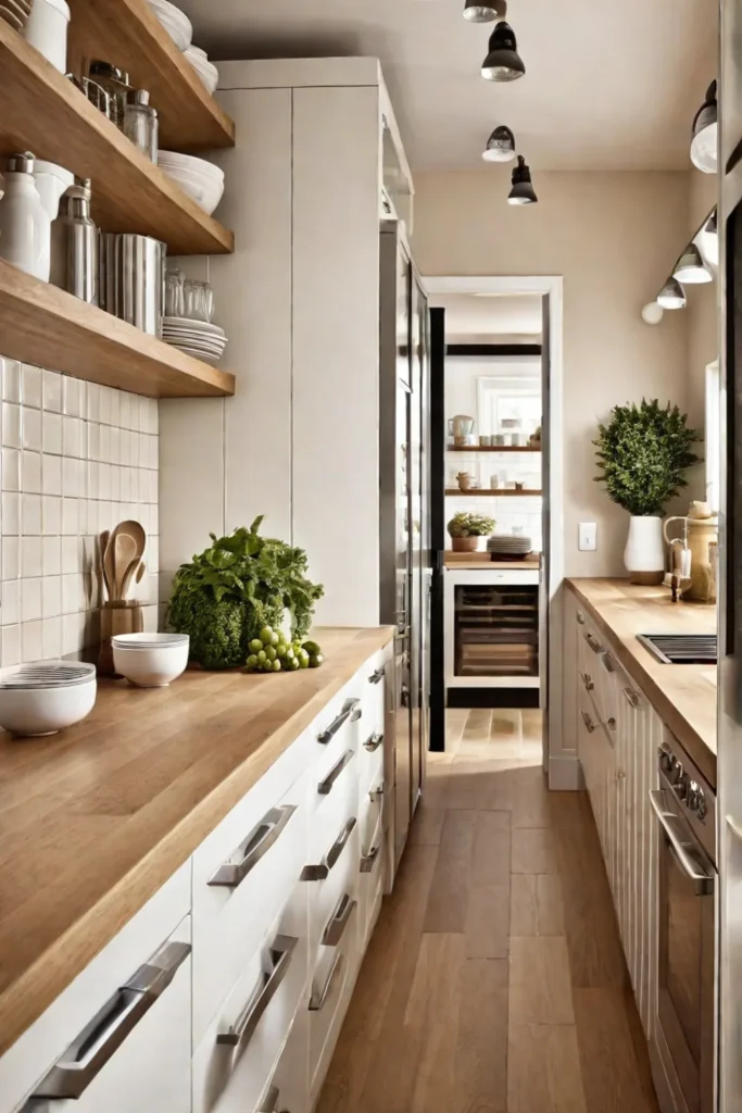 Horizontal striped wallpaper widens a small galley kitchen