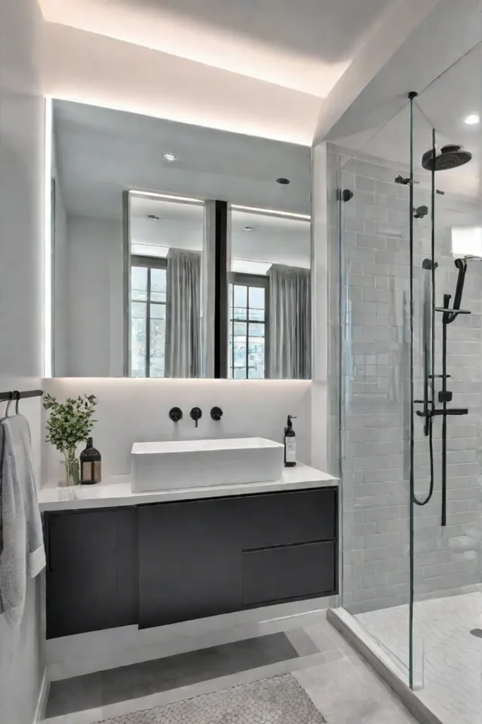 Minimalist bathroom with hidden storage and reflective surfaces