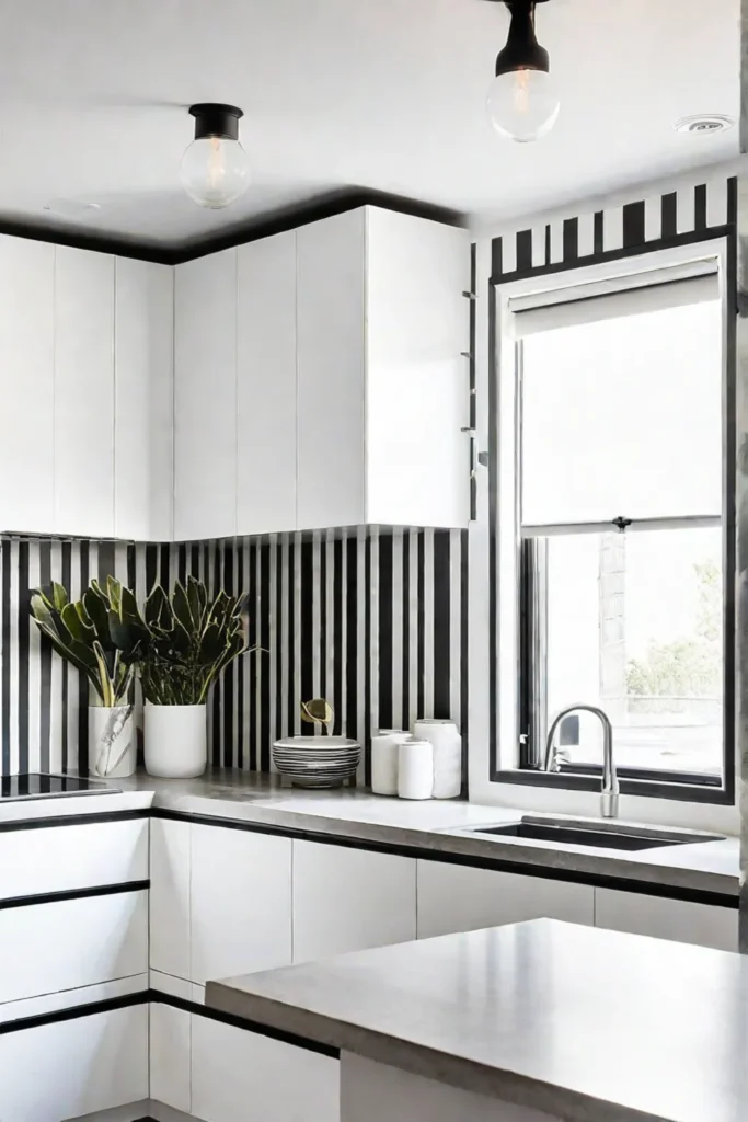 Minimalist kitchen with black and white striped wallpaper