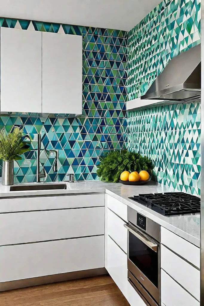 Modern kitchen with geometric wallpaper