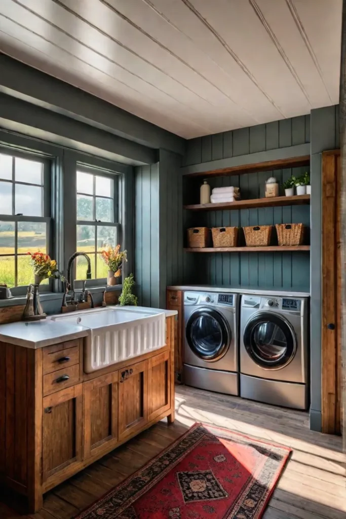 Rustic laundry room with natural light and wood accents