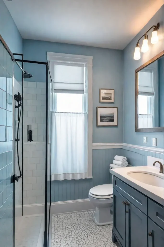 Small bathroom with spacesaving fixtures and light colors