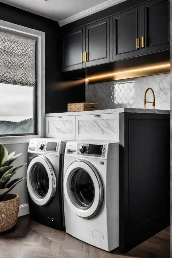 Sophisticated laundry space with gold accents and timeless design