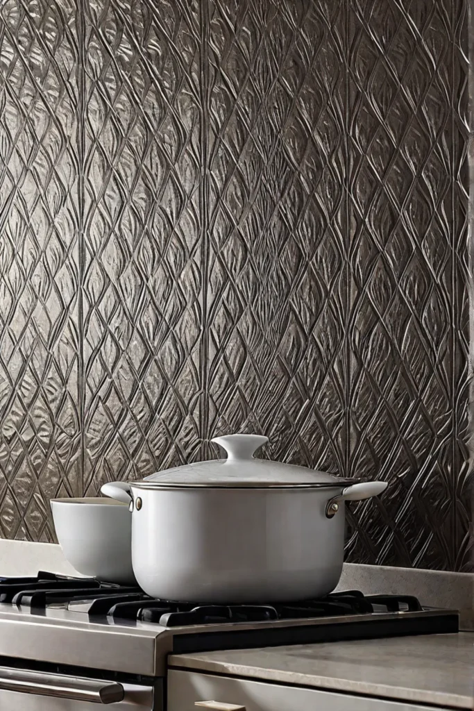 Textured metallic wallpaper backsplash in a kitchen