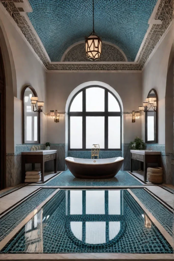 Turkish hammam bathroom with mosaic tiles and marble fountain