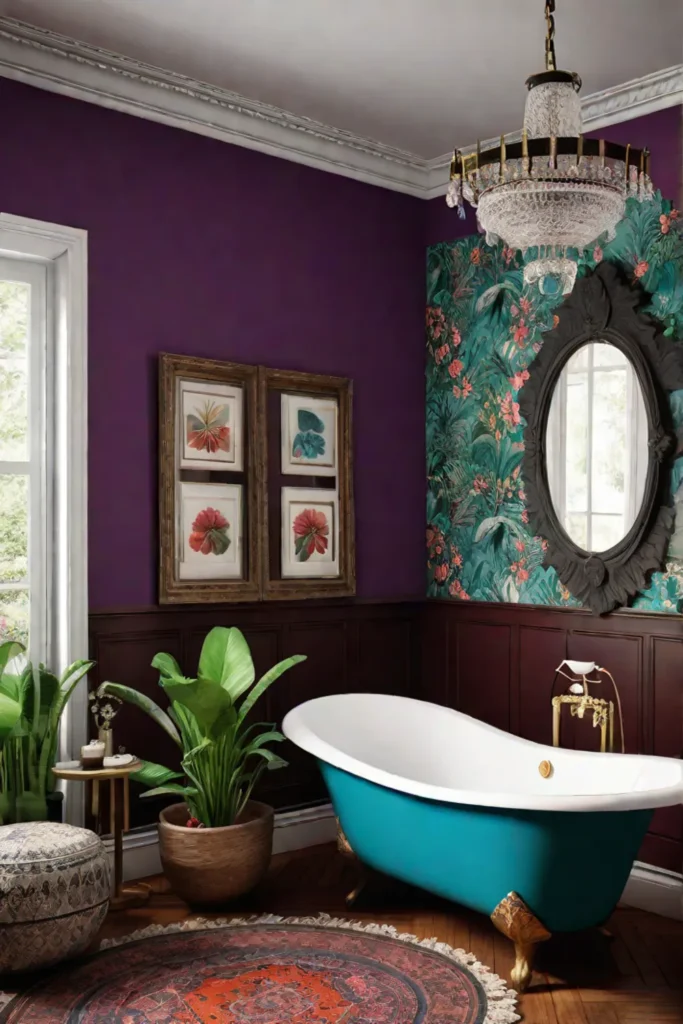 Vintage bathroom haven with antique mirrors and botanical prints