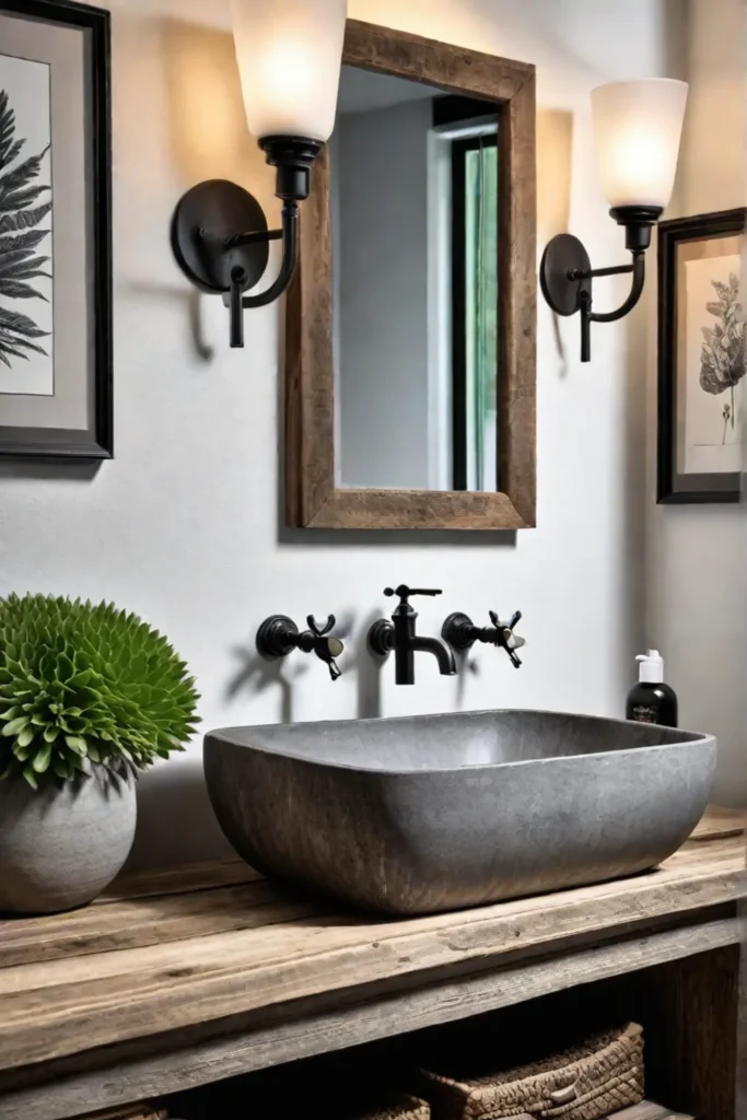 Vintageinspired lighting and botanical prints in a rustic bathroom