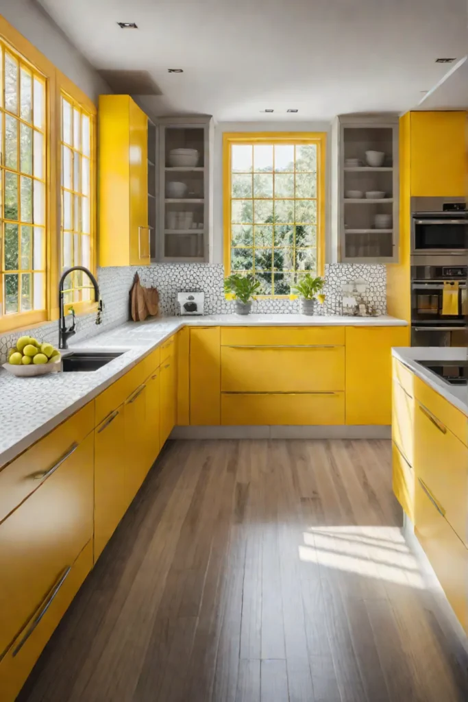 Yellow cabinets white countertops garden view