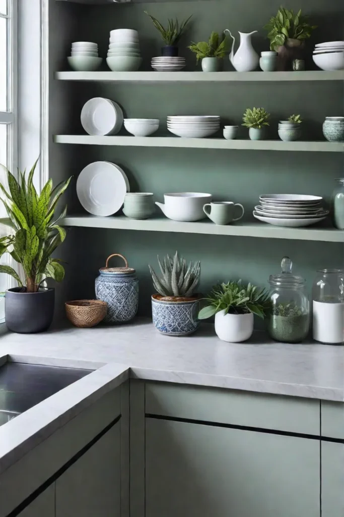 airy kitchen open shelving natural light