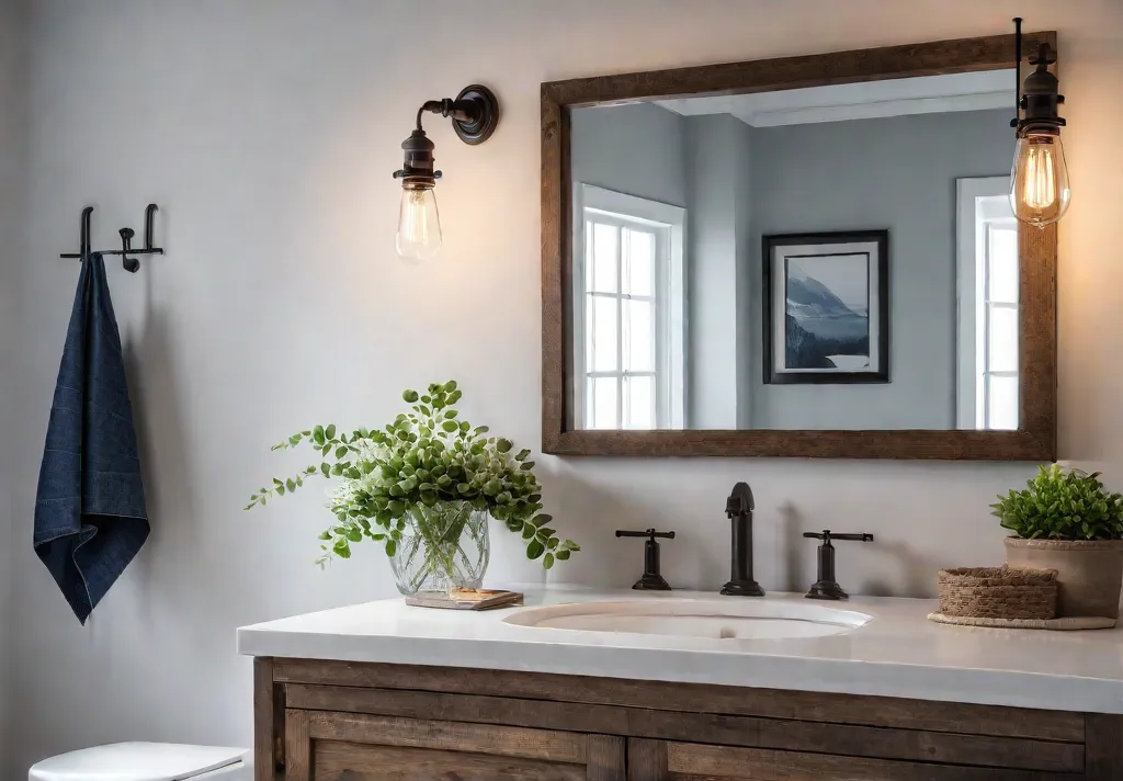 A charming farmhouse bathroom filled with natural light featuring a rustic woodenfeat