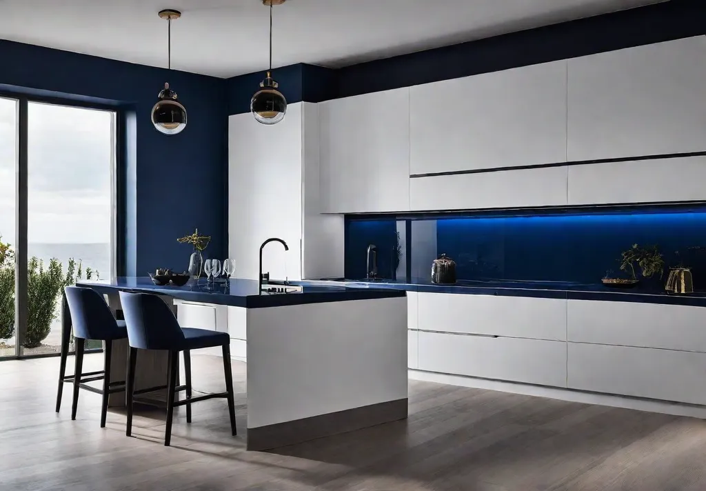 A contemporary kitchen featuring a monochromatic color scheme with varying shades andfeat