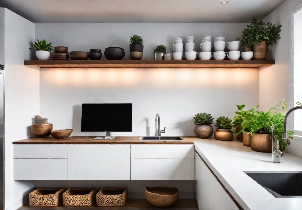 A contemporary kitchen with sleek white cabinets and open wooden shelving displayingfeat