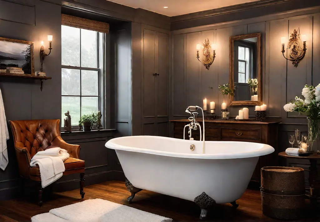 A farmhouse bathroom with a vintage clawfoot tub adorned with fluffy towelsfeat