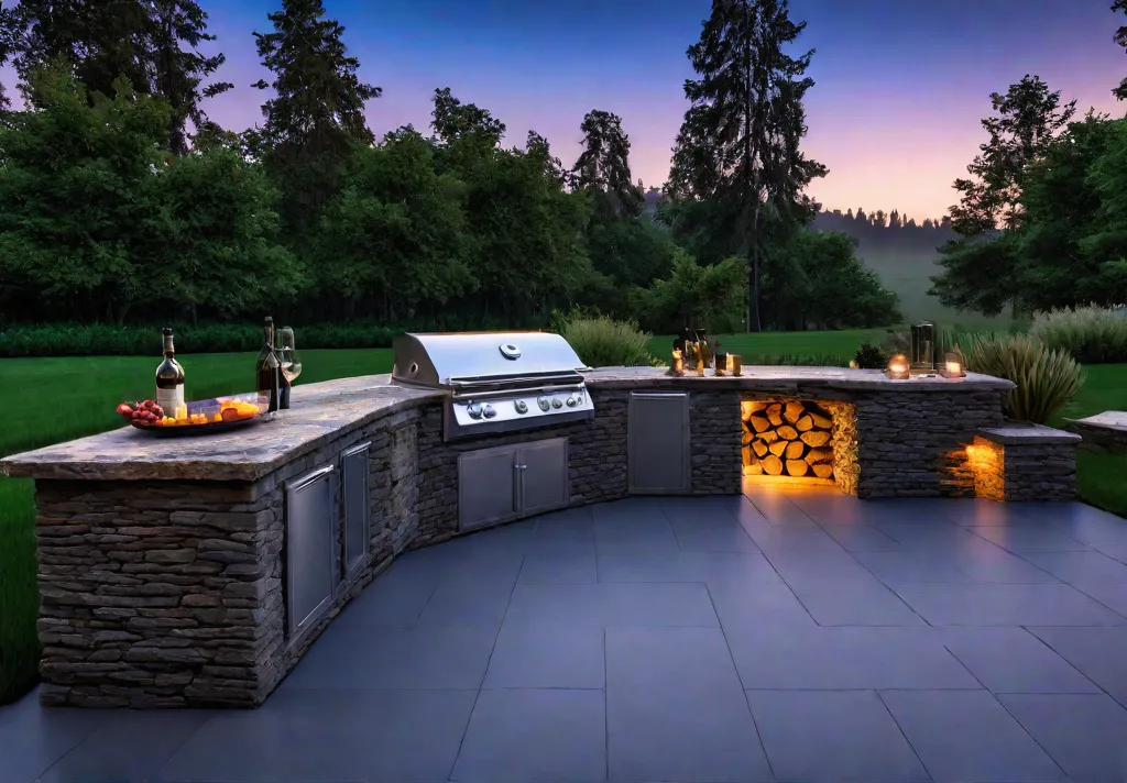 A luxurious outdoor kitchen at dusk featuring a builtin grill natural stonefeat