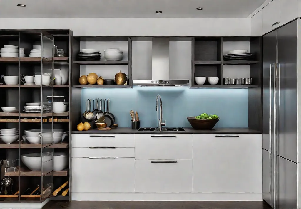 A meticulously organized minimalist kitchen showcasing a variety of storage solutions includingfeat