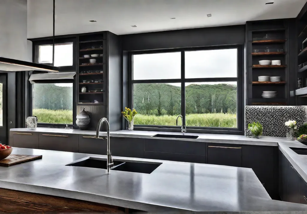 A modern kitchen featuring sleek concrete countertops and a backsplash of reclaimedfeat