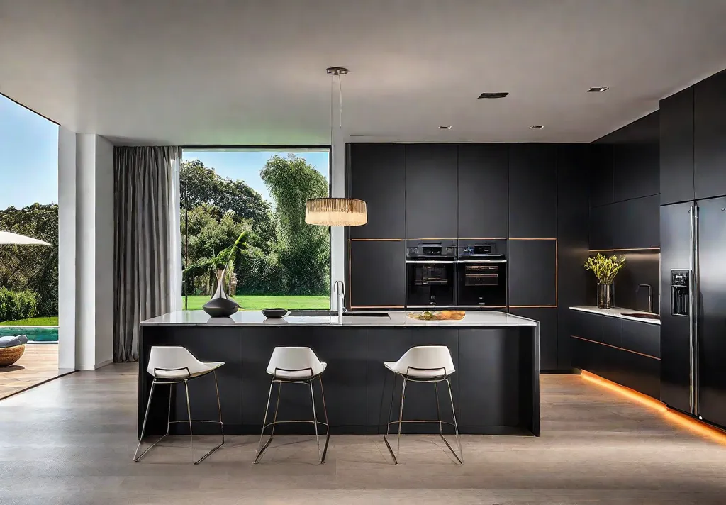 A sleek modern kitchen bathed in warm morning sunlight showcasing smart appliancesfeat