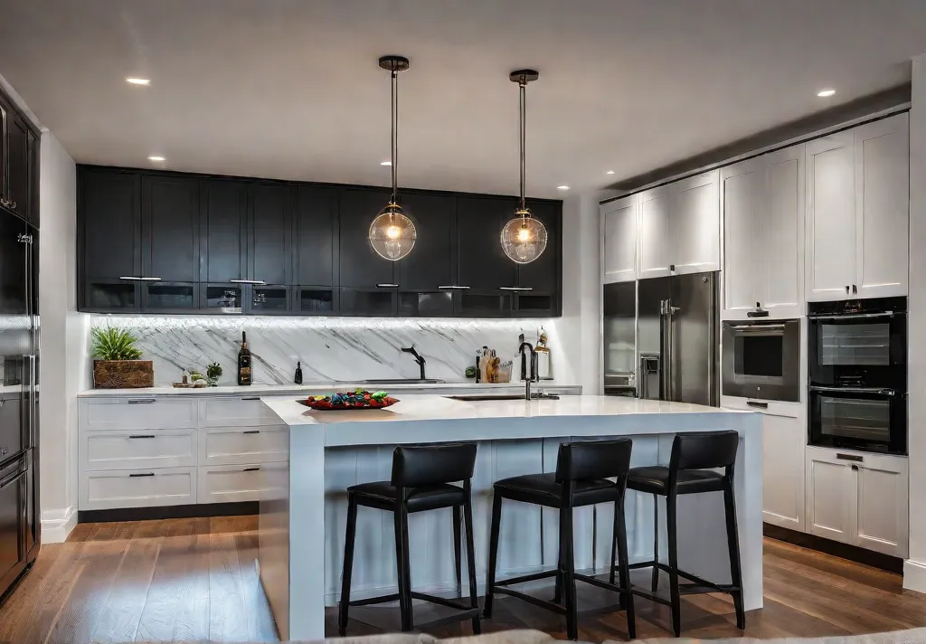 A stunning modern kitchen bathed in warm light featuring a mix offeat