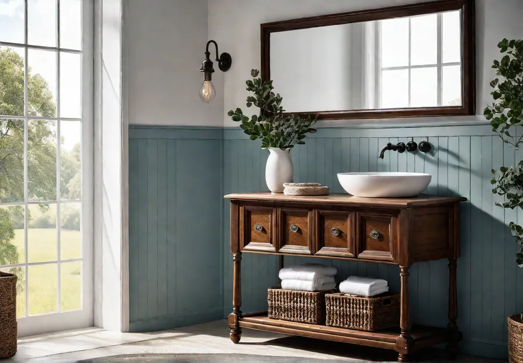 A sundrenched farmhouse bathroom with a vintage cabinet repurposed for vanity storagefeat